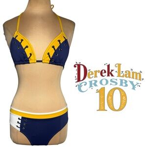 10 Crosby Derek Lam blue gold white retro color block bikini lace up Size M